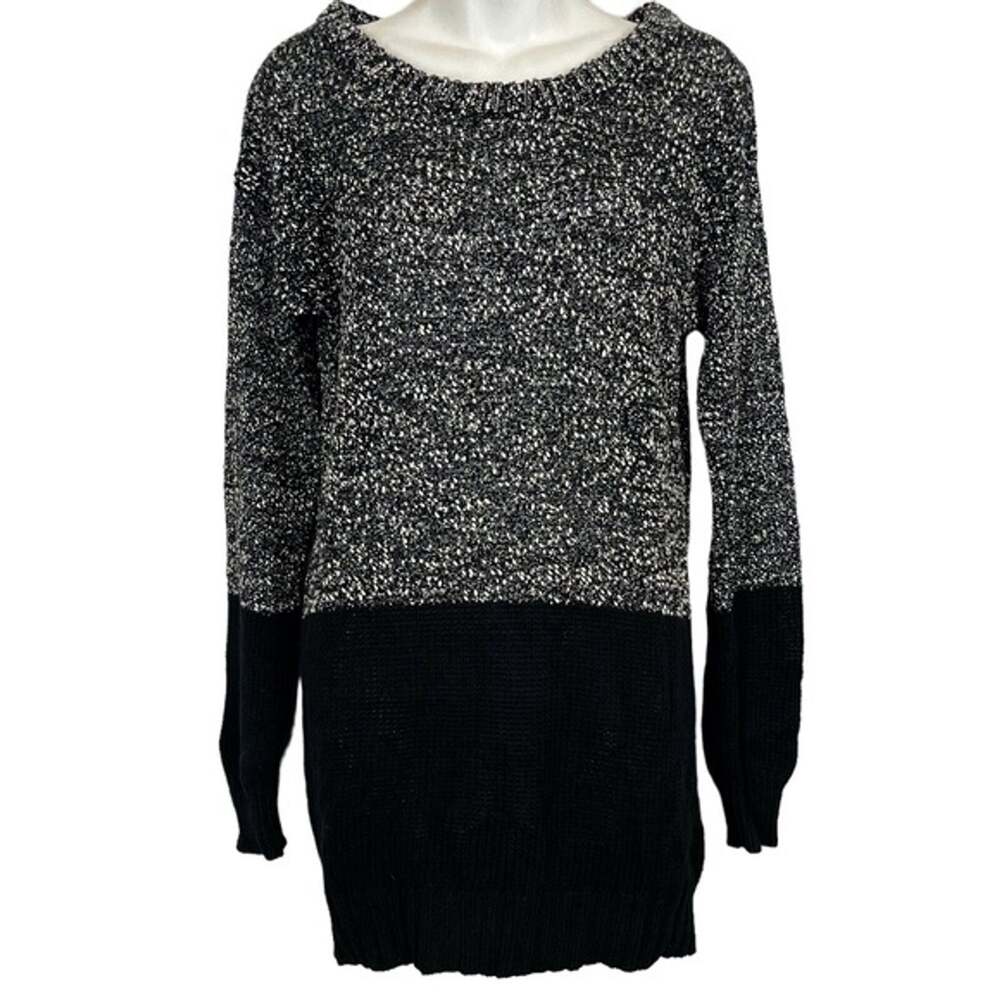 French Connection Women's 100% Cotton Tweed Long Line Gray Black Sweater sz M